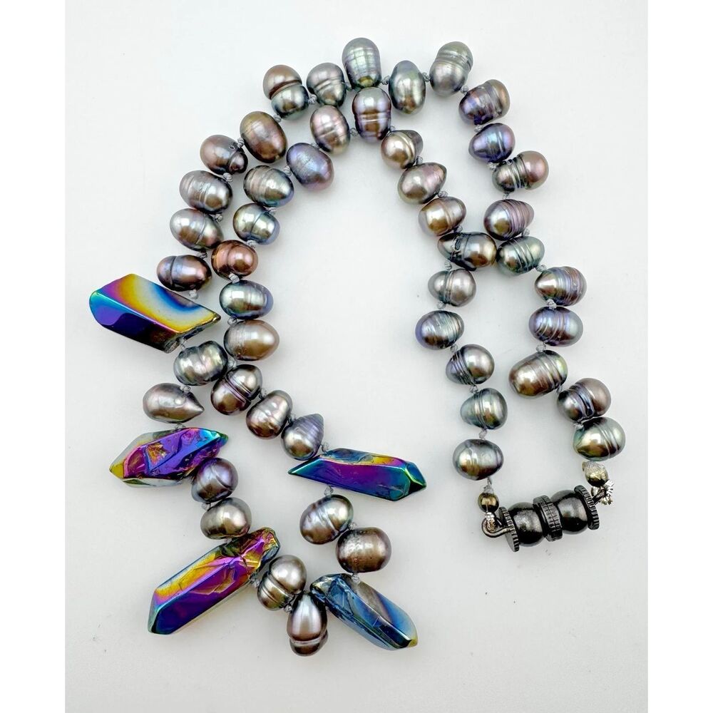 Peacock Pearl Baroque Mob Wife Necklace Titanium Quartz Crystal